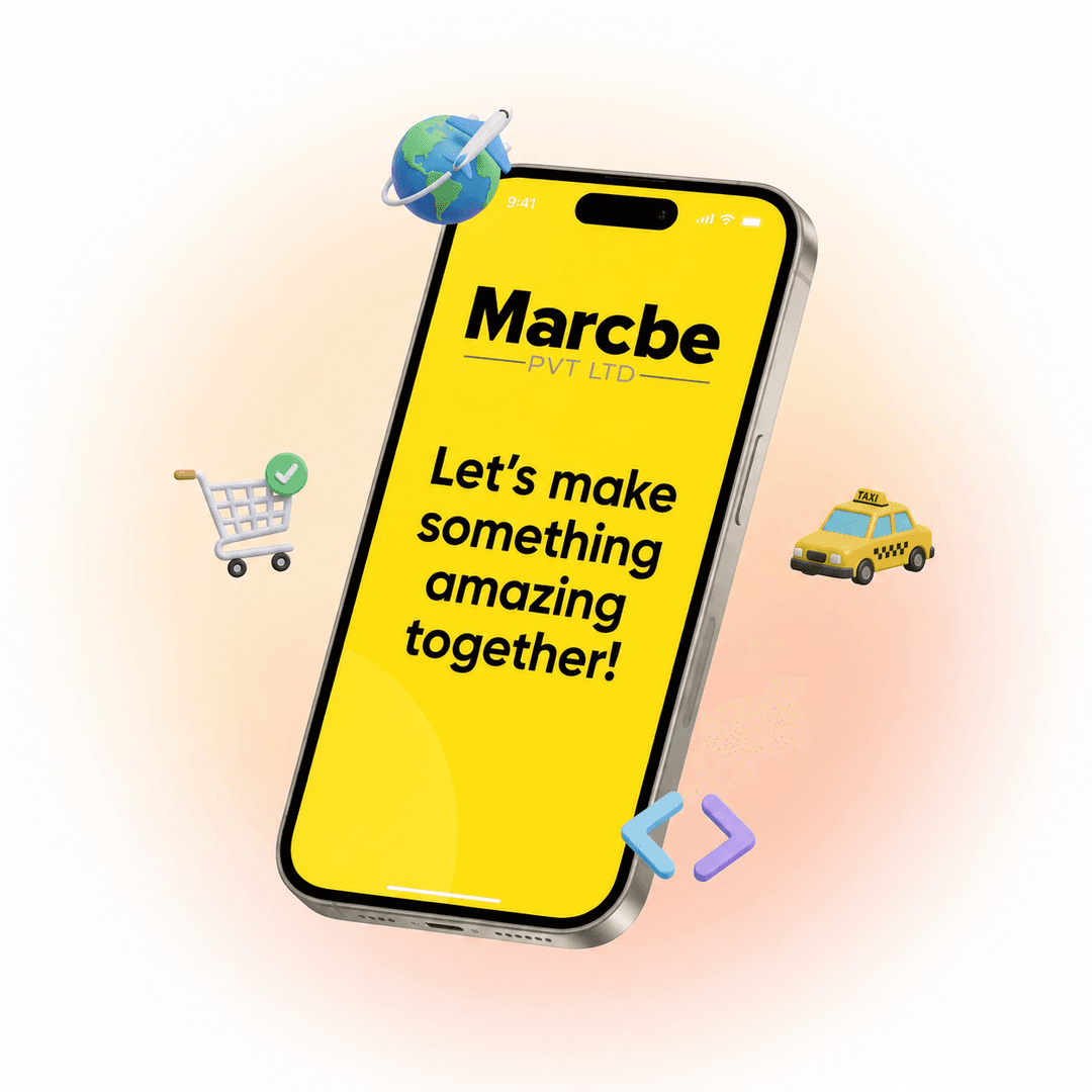 Smartphone with floating service icons representing MarCbe's mobile app development, e-commerce, travel, and taxi services