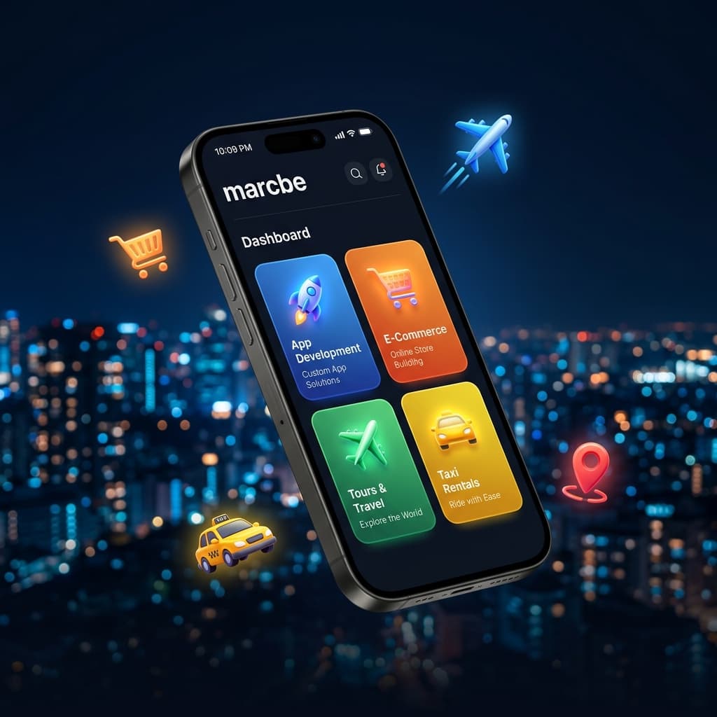 MarCbe mobile app dashboard showing App Development, E-Commerce, Tours and Travel, and Taxi Rental services